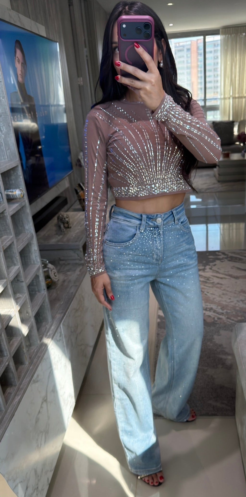 Blusa Malla Brillos Manga Larga